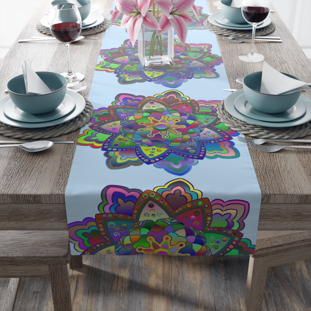 Table Runner with Mandala Art Drawn by Hand - Light Blue (Cotton, Poly) - Blululi