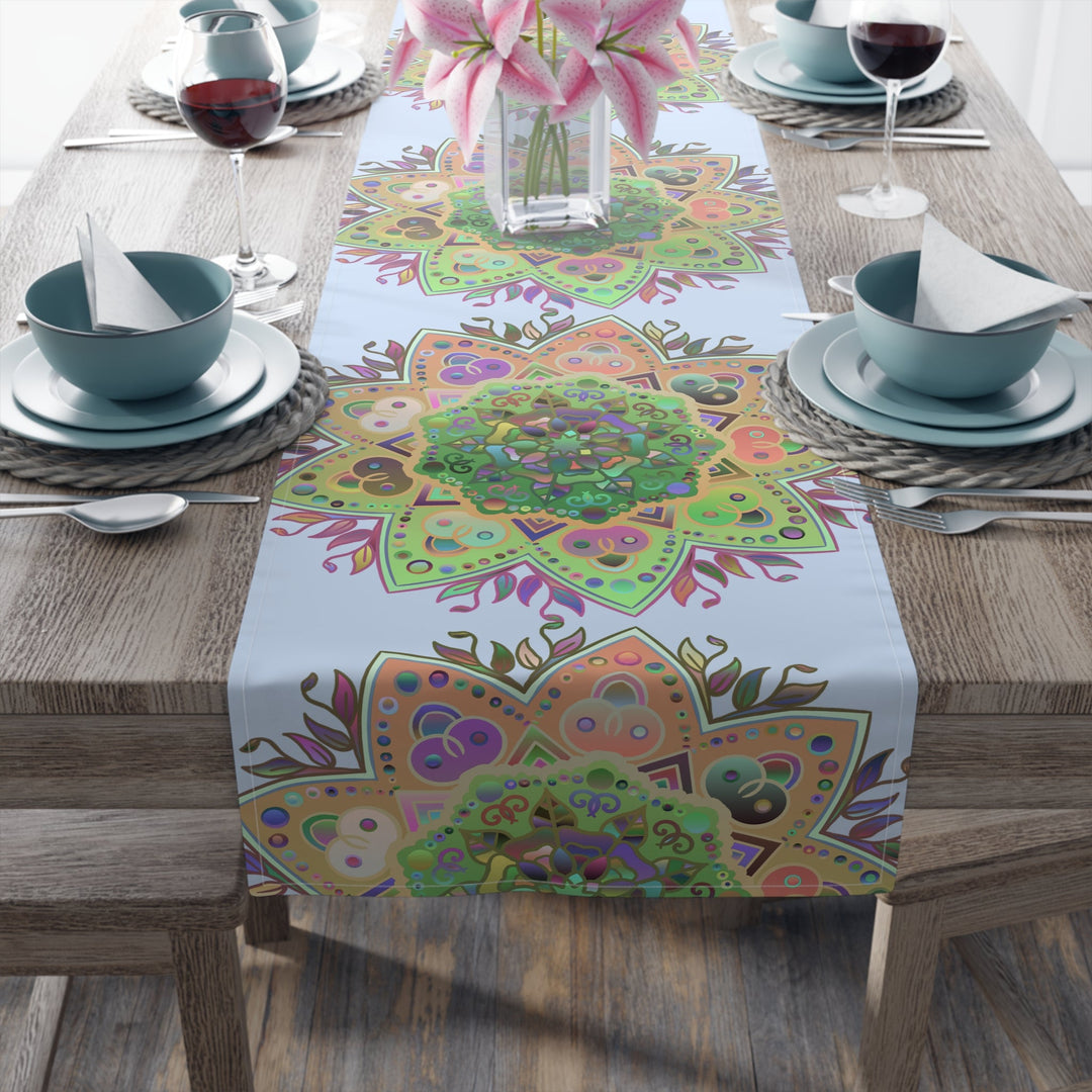 Table Runner with Mandala Art Drawn by Hand - Light Blue (Cotton, Poly) - Blululi