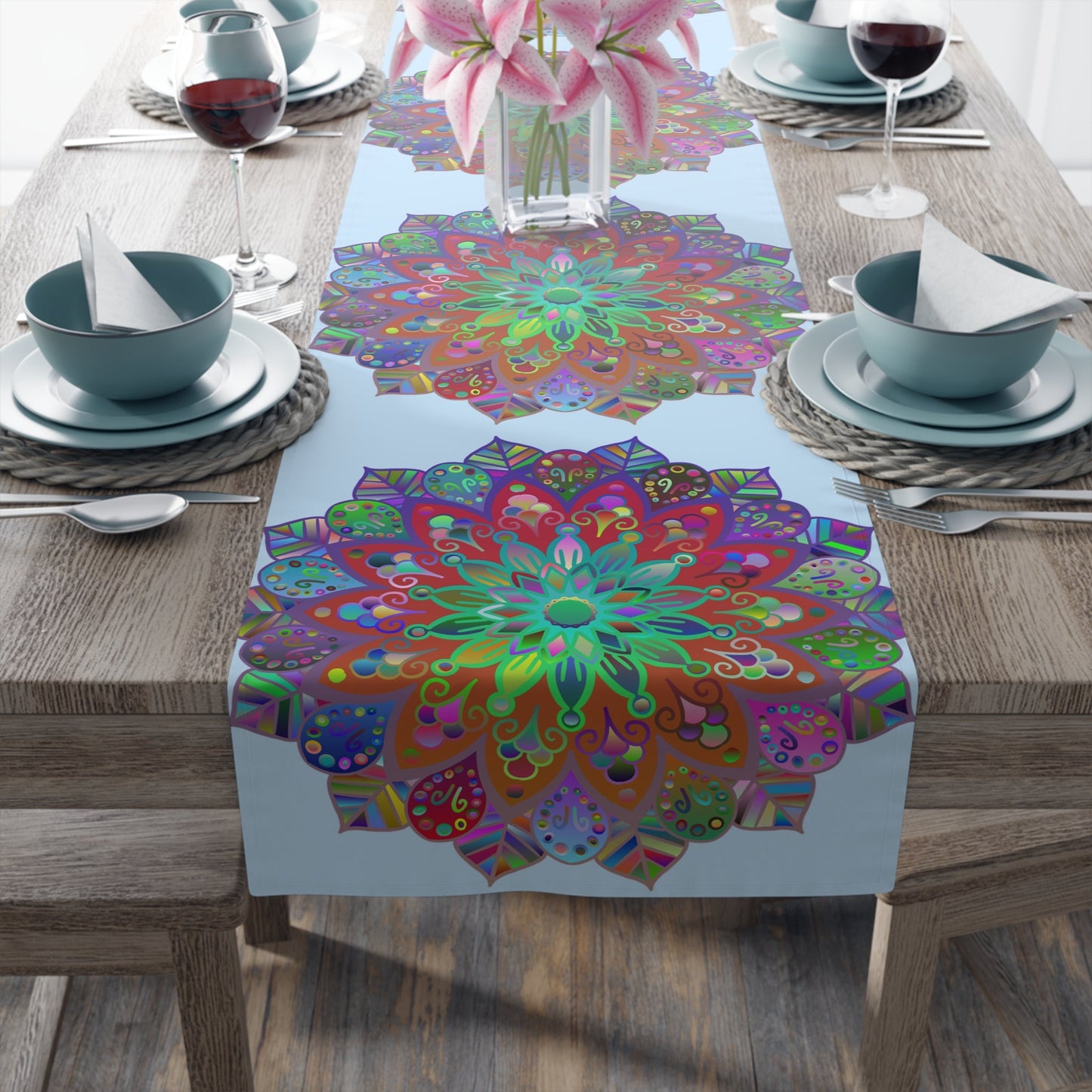 Table Runner with Mandala Art Drawn by Hand - Light Blue (Cotton, Poly) - Blululi