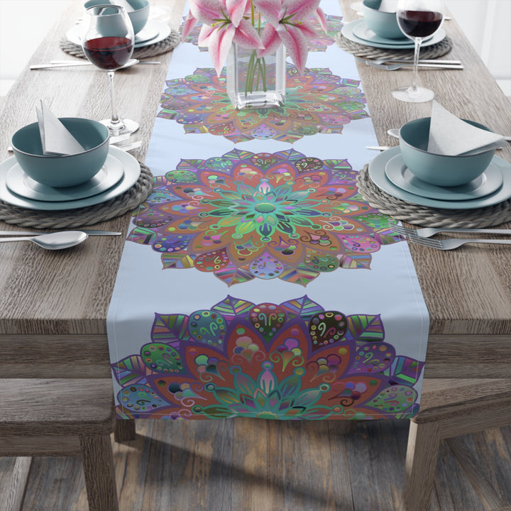 Table Runner with Mandala Art Drawn by Hand - Light Blue (Cotton, Poly) - Blululi