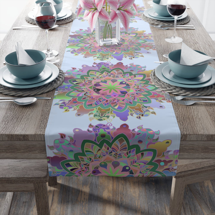 Table Runner with Mandala Art Drawn by Hand - Light Blue (Cotton, Poly) - Blululi