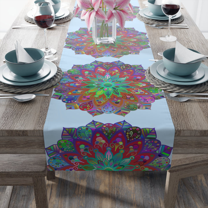 Table Runner with Mandala Art Drawn by Hand - Light Blue (Cotton, Poly) - Blululi