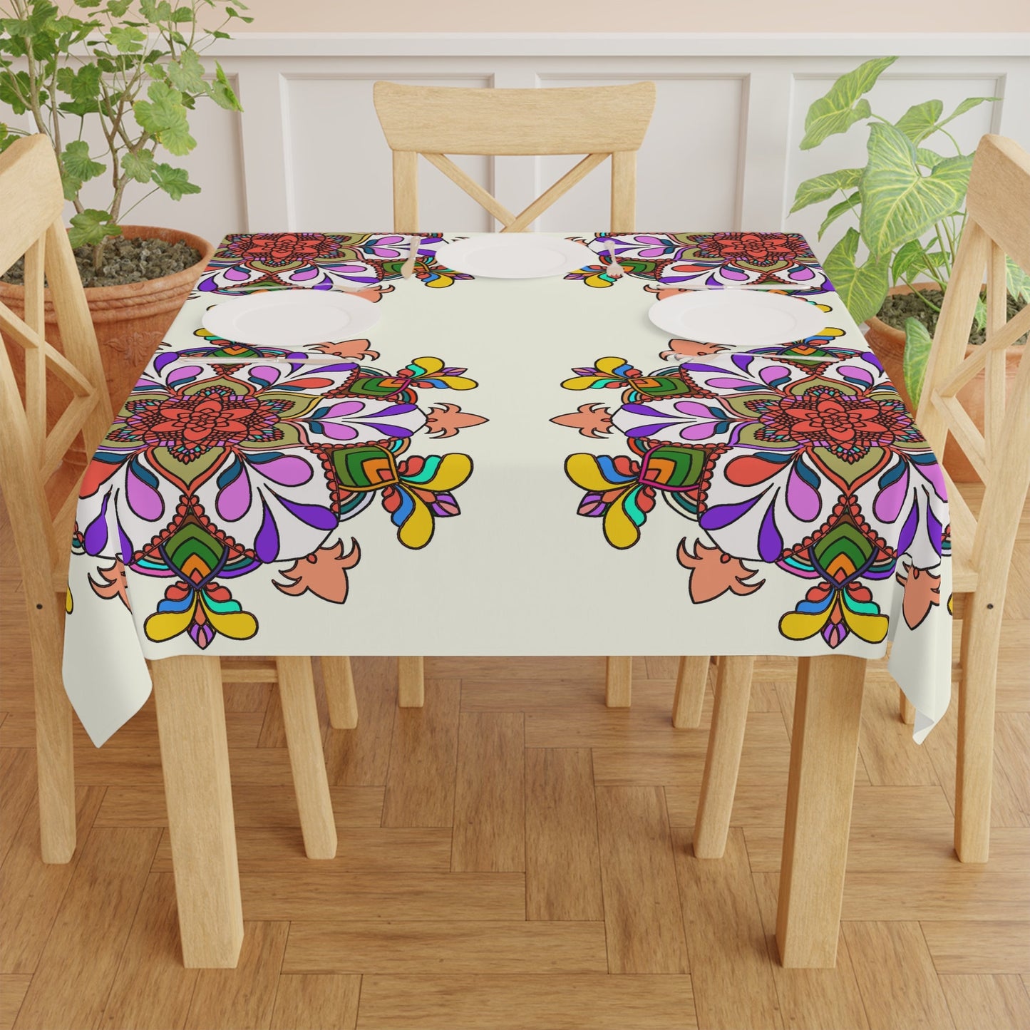 Tablecloth with Mandala Art Drawn by Hand, Ivory, Square - Blululi