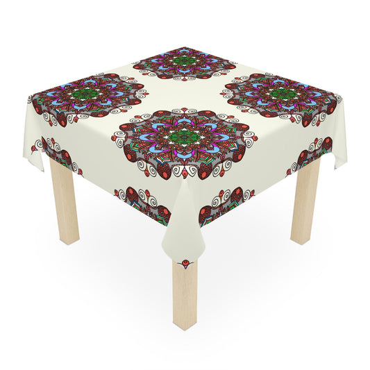 Tablecloth with Mandala Art Drawn by Hand, Ivory, Square - Blululi