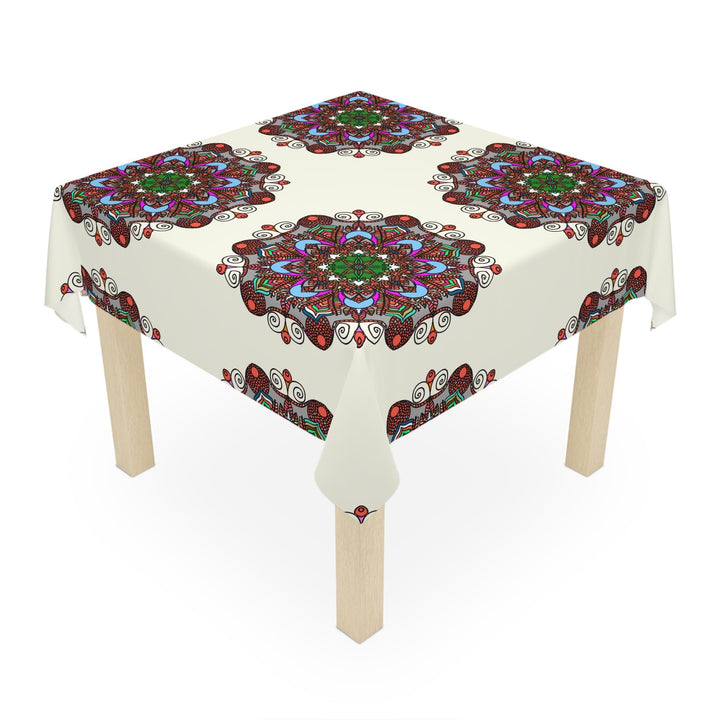 Tablecloth with Mandala Art Drawn by Hand, Ivory, Square - Blululi