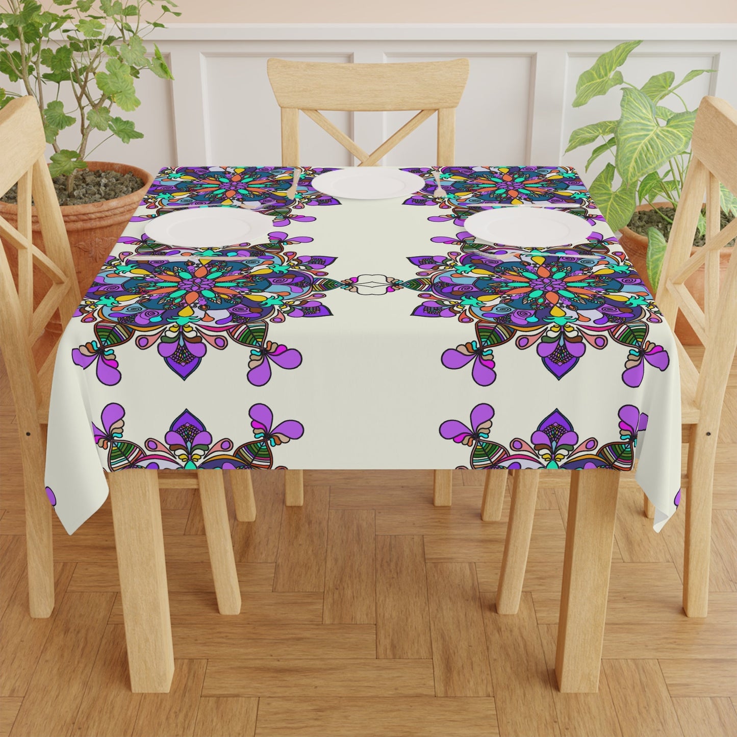 Tablecloth with Mandala Art Drawn by Hand, Ivory, Square - Blululi