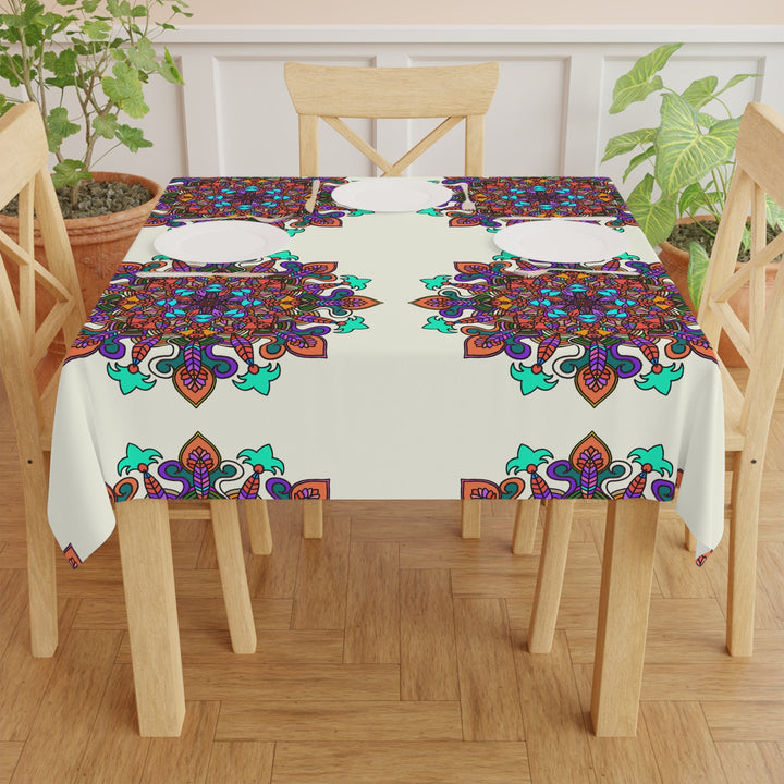 Tablecloth with Mandala Art Drawn by Hand, Ivory, Square - Blululi