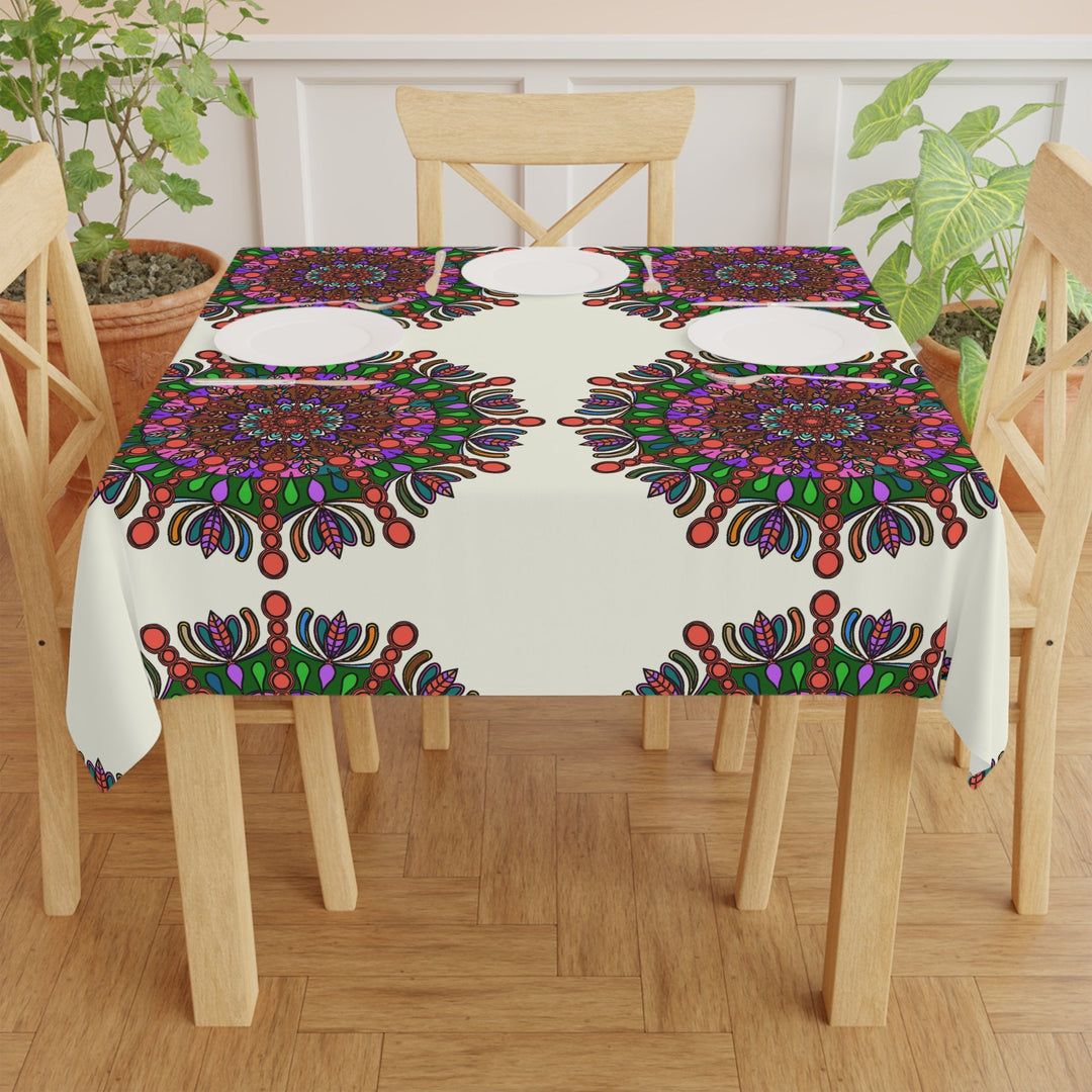 Tablecloth with Mandala Art Drawn by Hand, Ivory, Square - Blululi