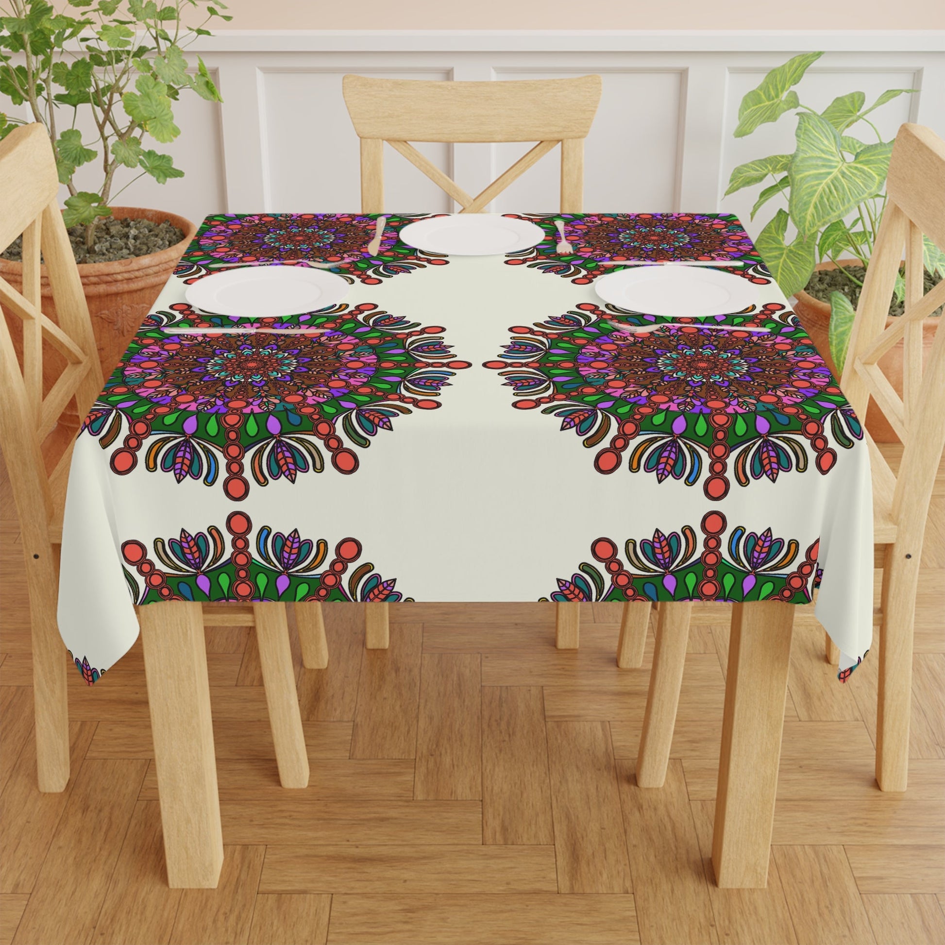 Tablecloth with Mandala Art Drawn by Hand, Ivory, Square - Blululi