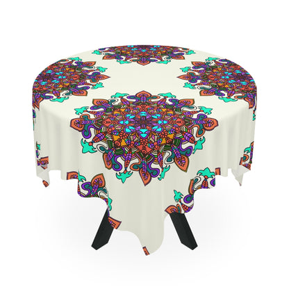 Tablecloth with Mandala Art Drawn by Hand, Ivory, Square - Blululi