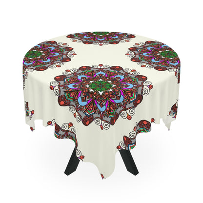 Tablecloth with Mandala Art Drawn by Hand, Ivory, Square - Blululi