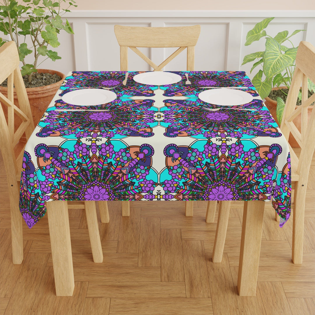 Tablecloth with Mandala Art Drawn by Hand, Ivory, Square - Blululi