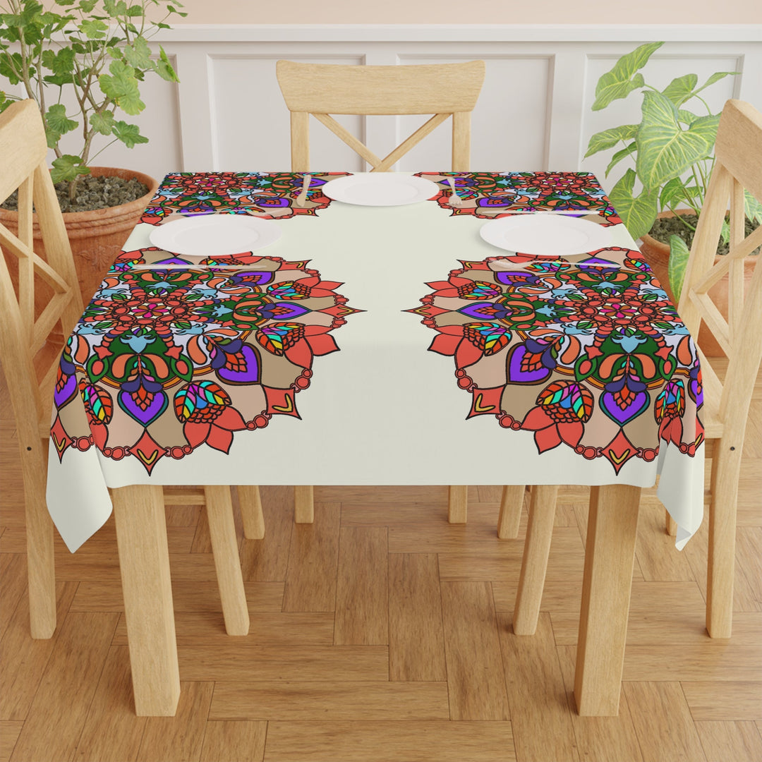 Tablecloth with Mandala Art Drawn by Hand, Ivory, Square - Blululi