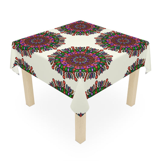 Tablecloth with Mandala Art Drawn by Hand, Ivory, Square - Blululi