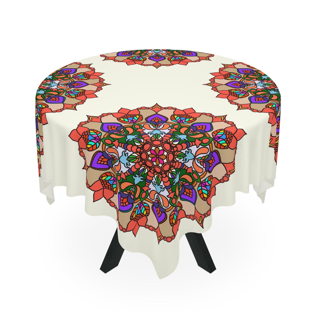 Tablecloth with Mandala Art Drawn by Hand, Ivory, Square - Blululi