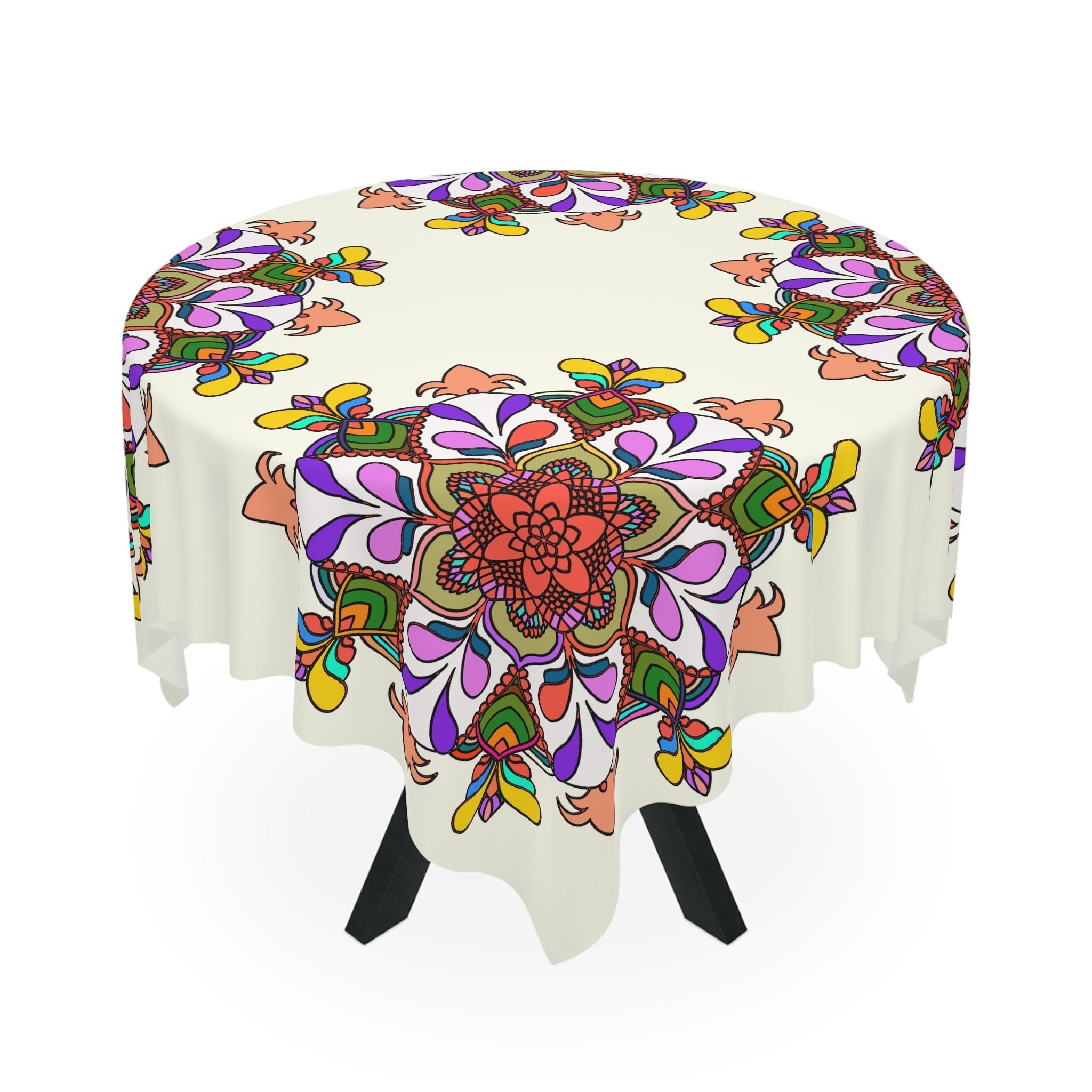 Tablecloth with Mandala Art Drawn by Hand, Ivory, Square - Blululi