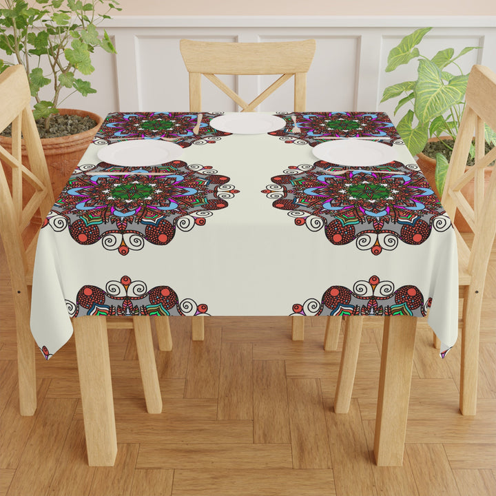 Tablecloth with Mandala Art Drawn by Hand, Ivory, Square - Blululi