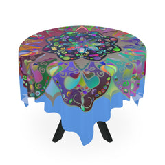 Tablecloth with Mandala Art Drawn by Hand, Light Blue, Square - Blululi