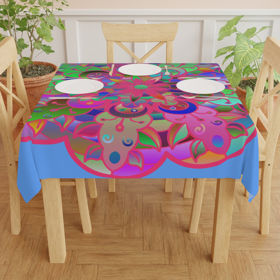 Tablecloth with Mandala Art Drawn by Hand, Light Blue, Square - Blululi