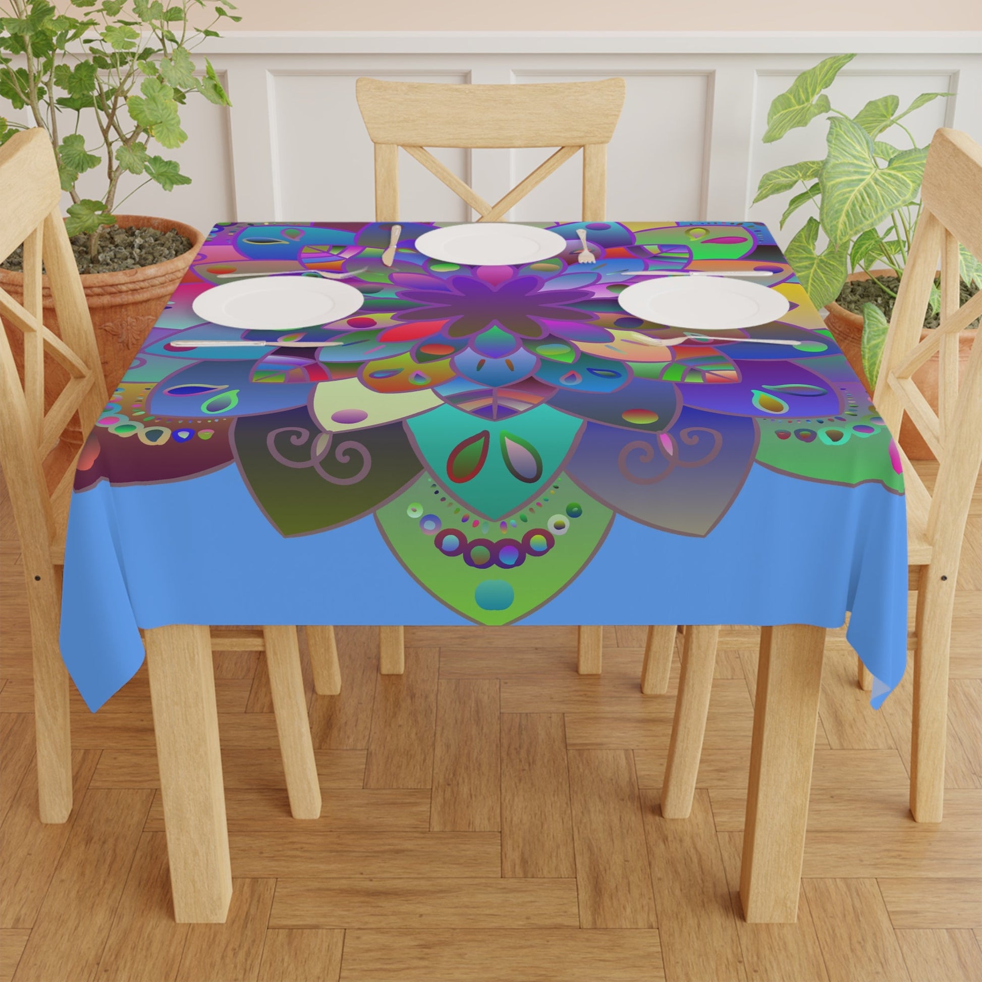 Tablecloth with Mandala Art Drawn by Hand, Light Blue, Square - Blululi