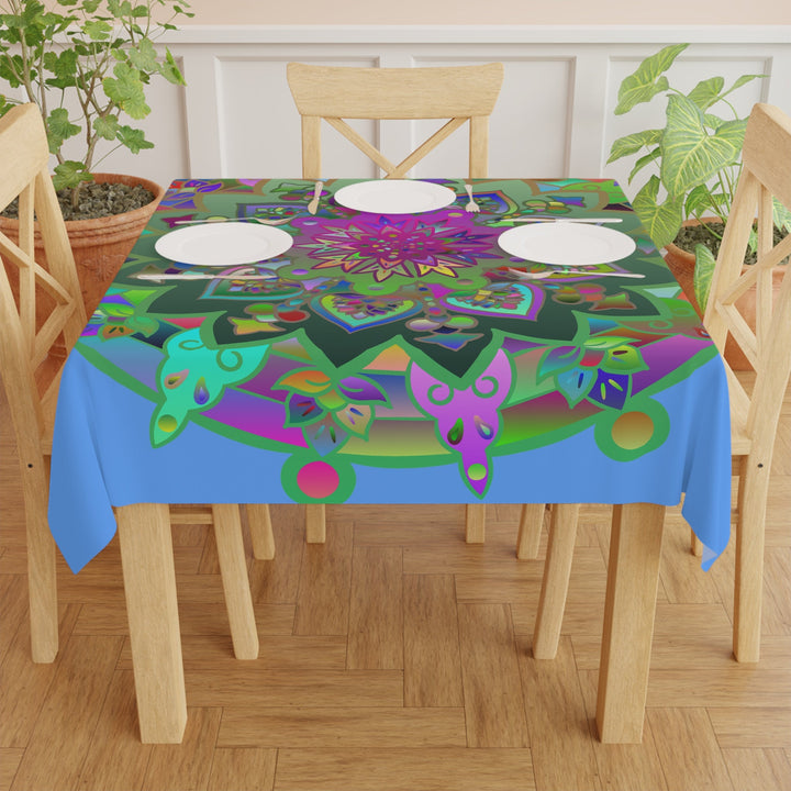 Tablecloth with Mandala Art Drawn by Hand, Light Blue, Square - Blululi