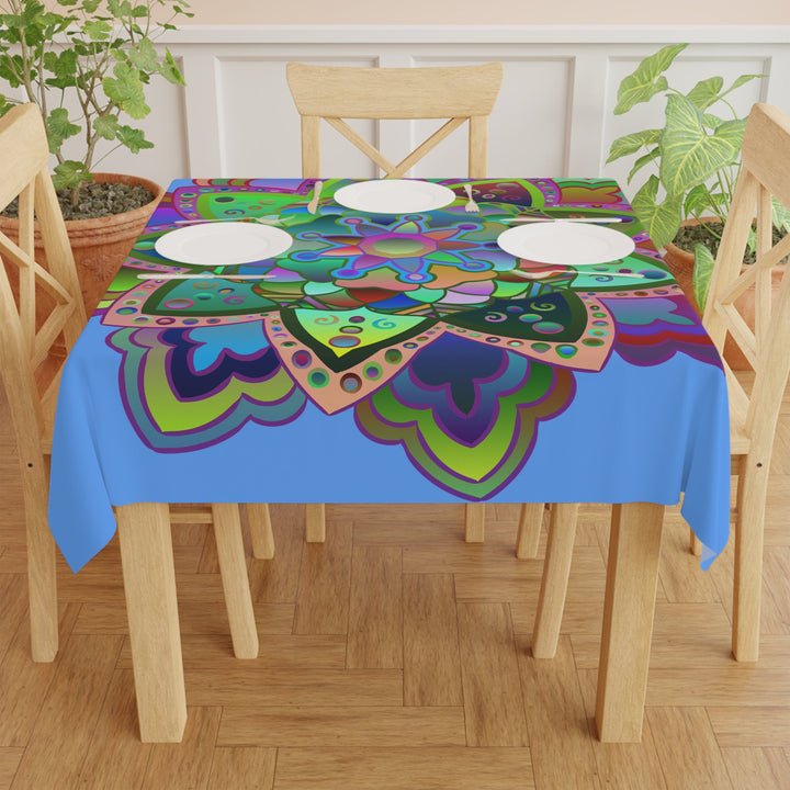 Tablecloth with Mandala Art Drawn by Hand, Light Blue, Square - Blululi