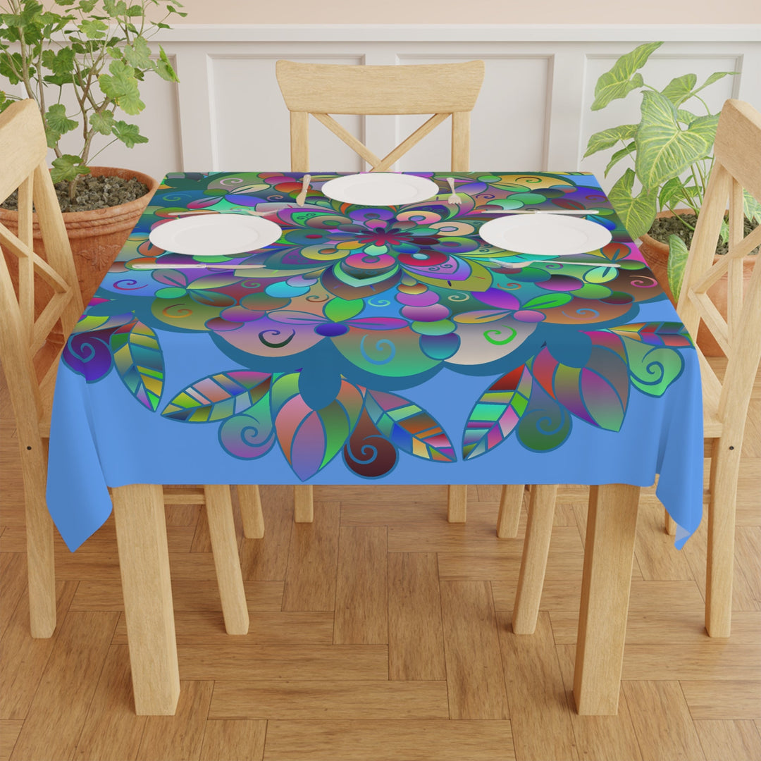 Tablecloth with Mandala Art Drawn by Hand, Light Blue, Square - Blululi