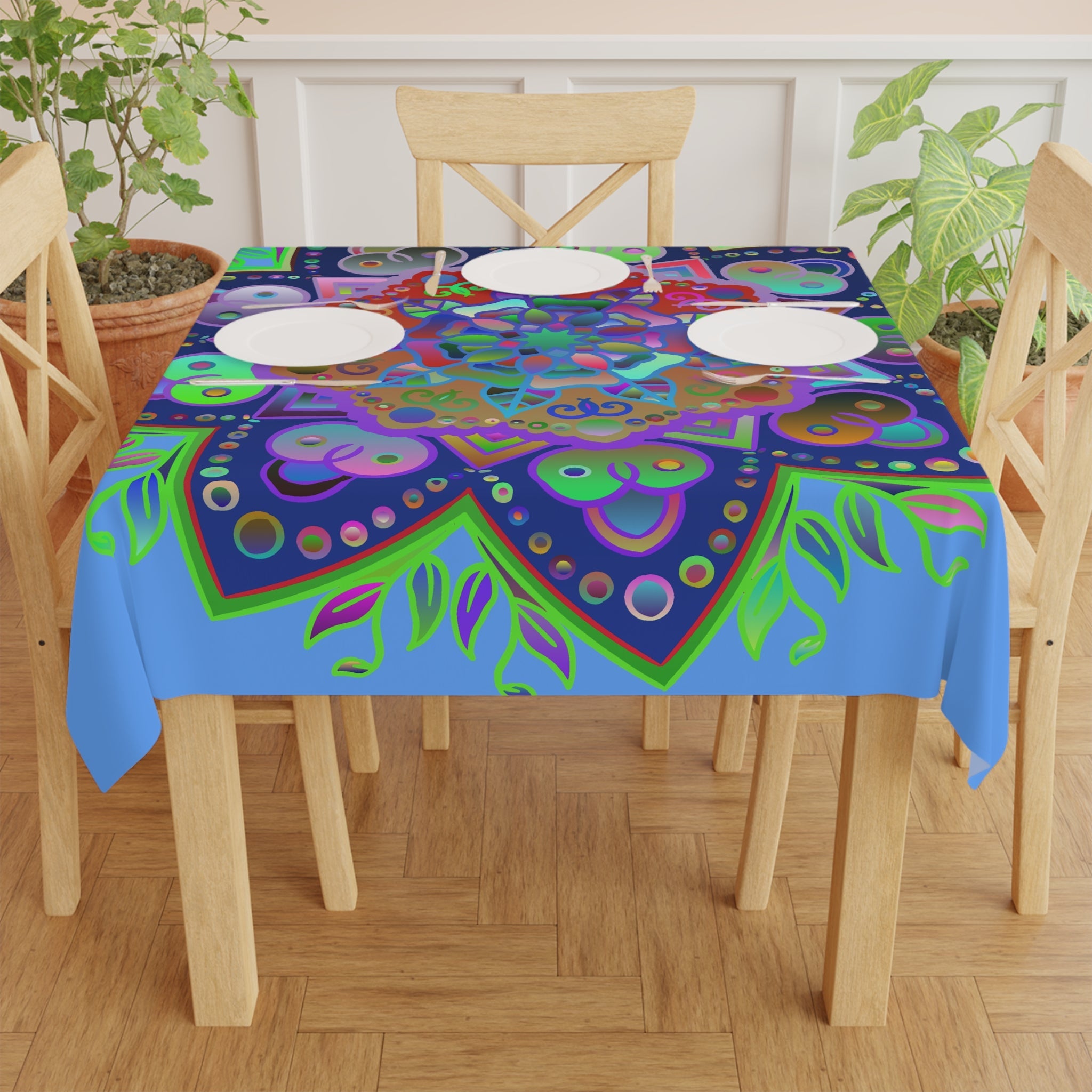 Tablecloth with Mandala Art Drawn by Hand, Light Blue, Square - Blululi