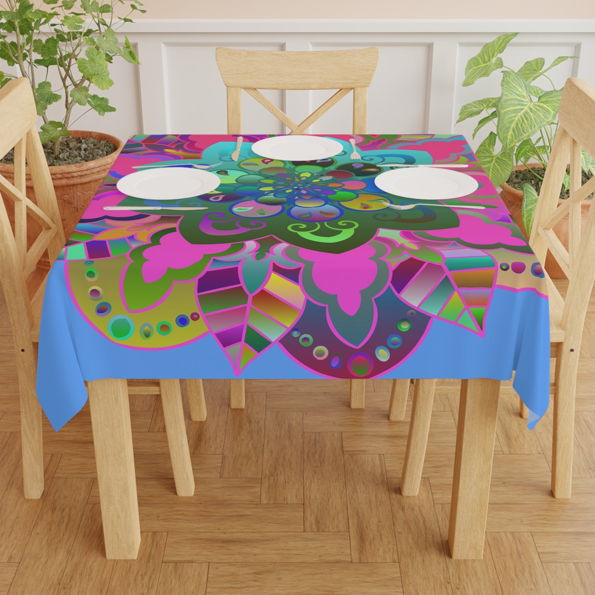 Tablecloth with Mandala Art Drawn by Hand, Light Blue, Square - Blululi