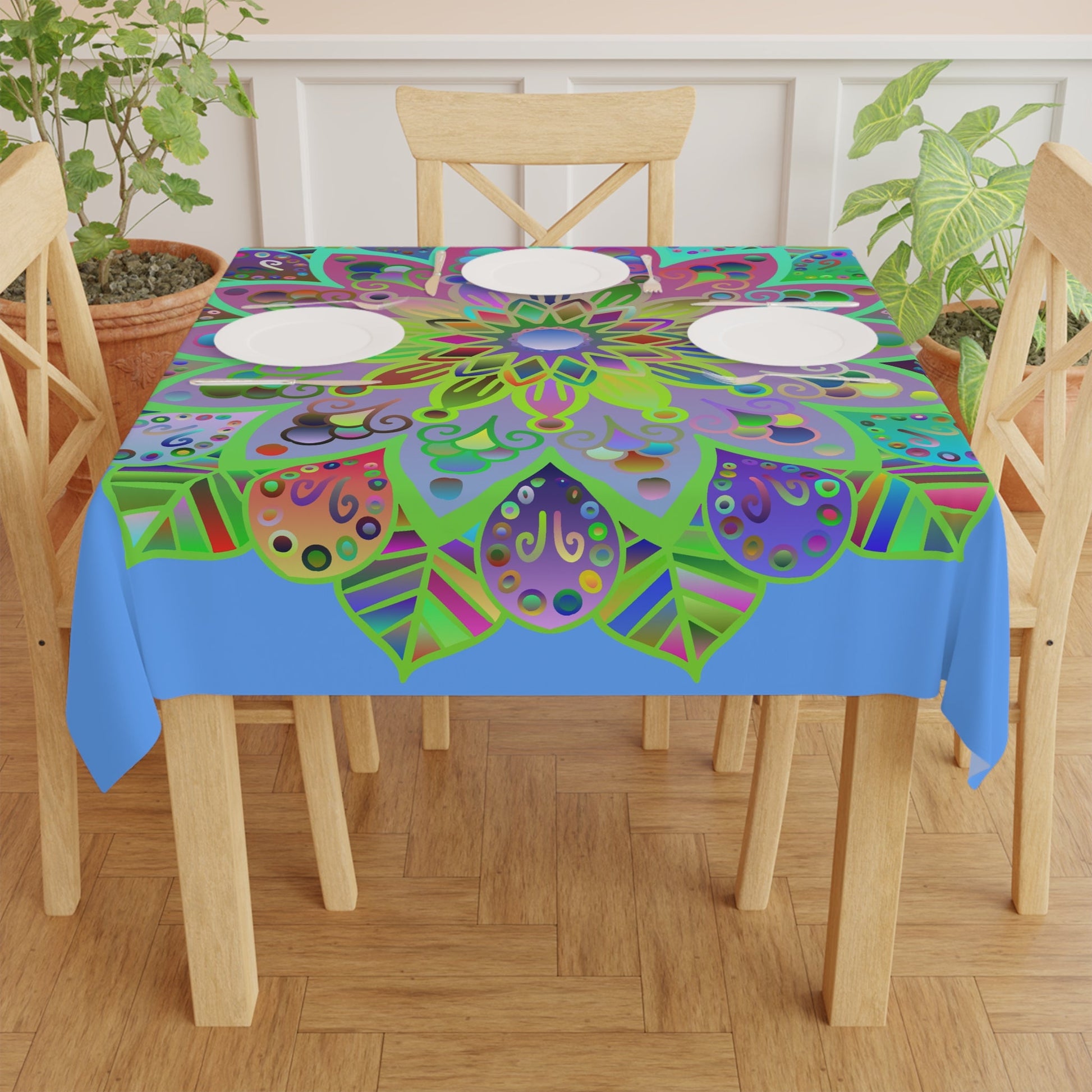 Tablecloth with Mandala Art Drawn by Hand, Light Blue, Square - Blululi