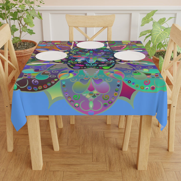 Tablecloth with Mandala Art Drawn by Hand, Light Blue, Square - Blululi