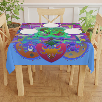 Tablecloth with Mandala Art Drawn by Hand, Light Blue, Square - Blululi