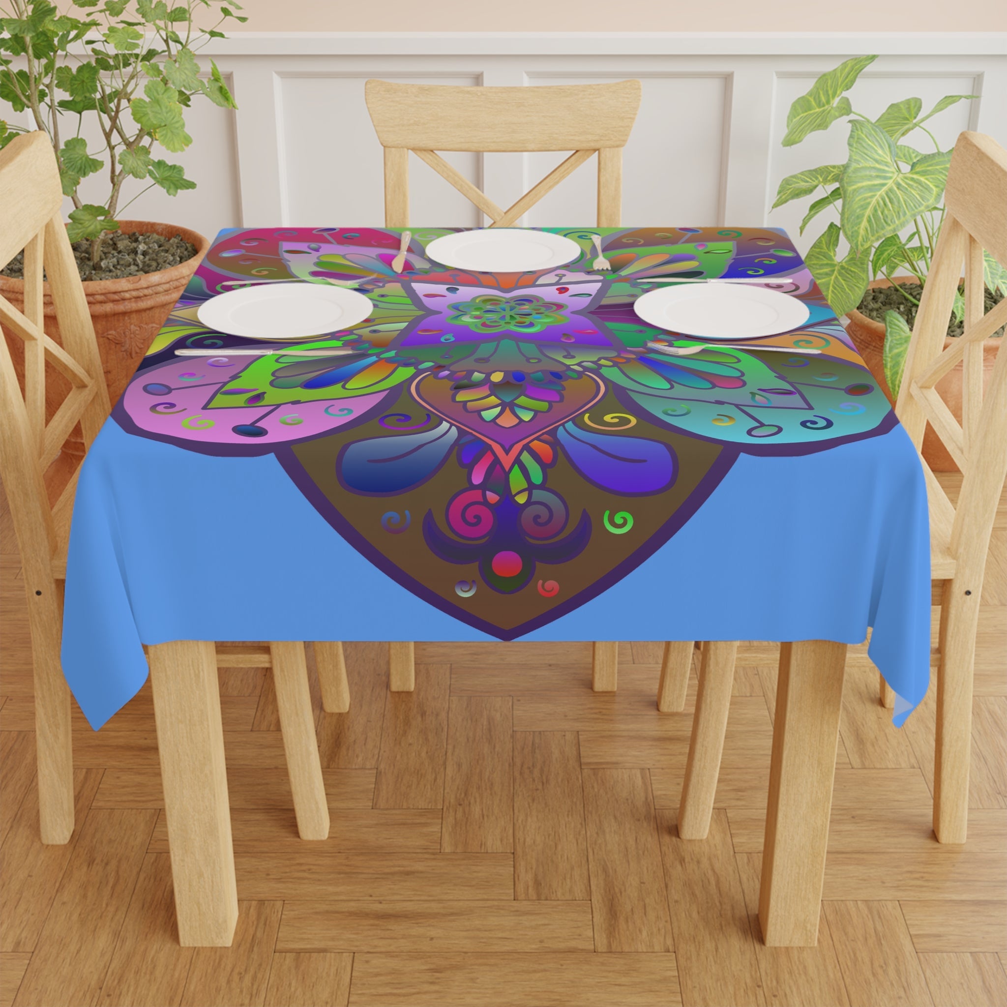 Tablecloth with Mandala Art Drawn by Hand, Light Blue, Square - Blululi