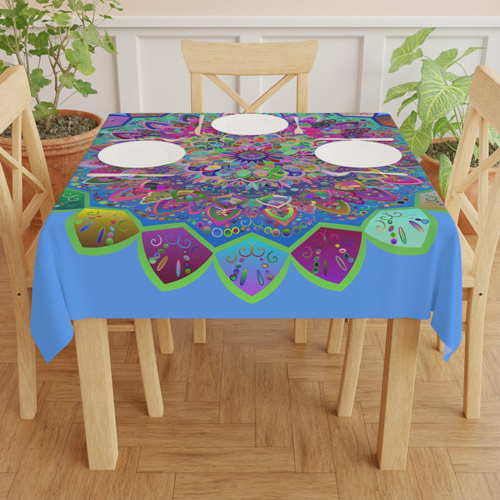 Tablecloth with Mandala Art Drawn by Hand, Light Blue, Square - Blululi