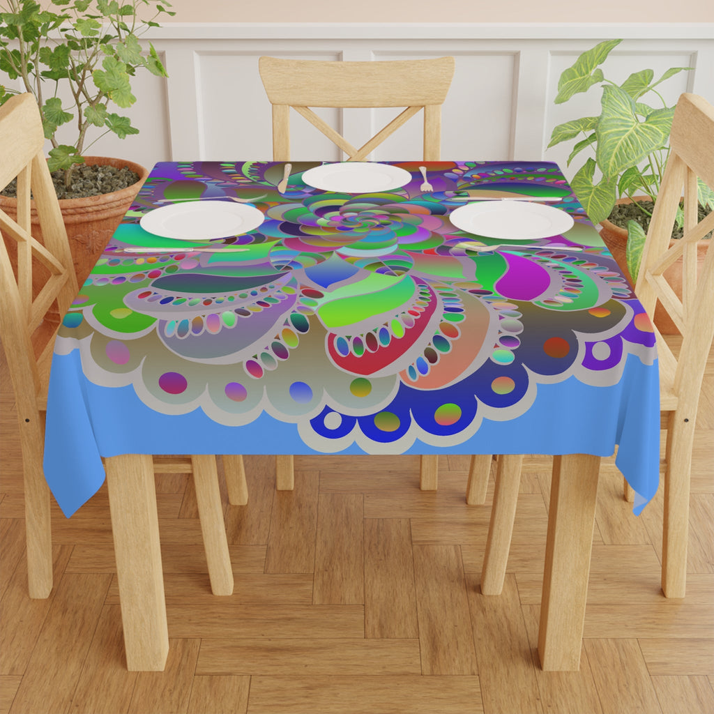 Tablecloth with Mandala Art Drawn by Hand, Light Blue, Square - Blululi