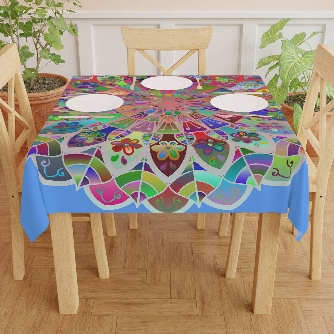 Tablecloth with Mandala Art Drawn by Hand, Light Blue, Square - Blululi