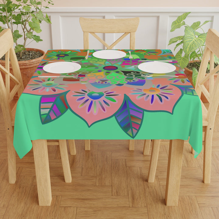 Tablecloth with Mandala Art Drawn by Hand, Light Fluo Green, Square - Blululi