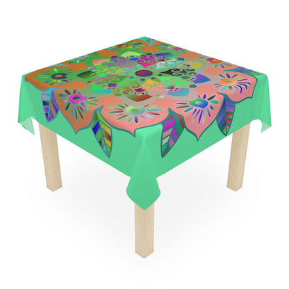 Tablecloth with Mandala Art Drawn by Hand, Light Fluo Green, Square - Blululi