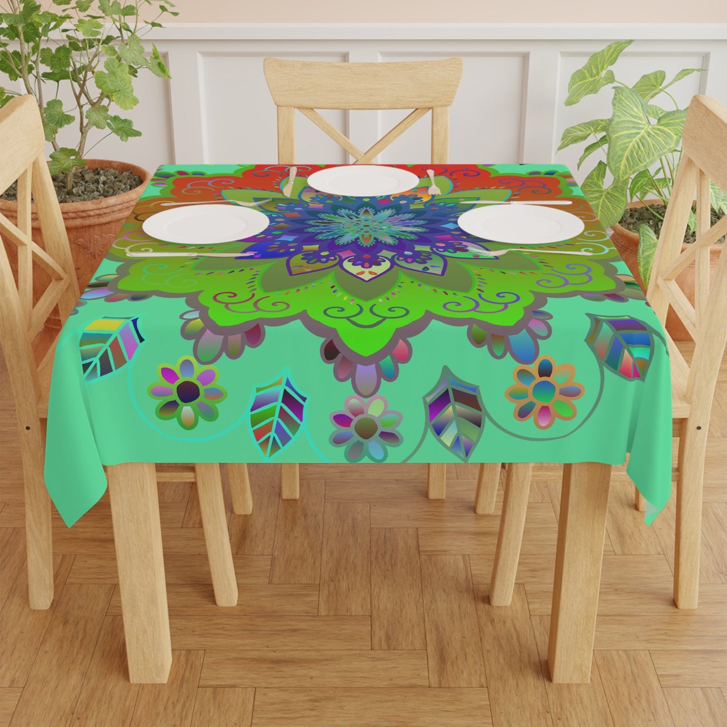 Tablecloth with Mandala Art Drawn by Hand, Light Fluo Green, Square - Blululi