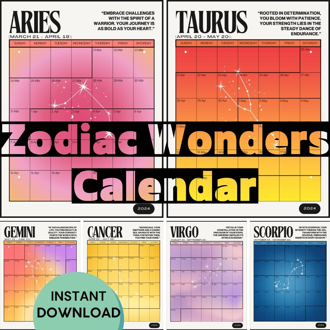 Task Management Zodiac Signs Calendar 2024 - Astrology Date Reference, Schedule, Tracker digital download - Blululi