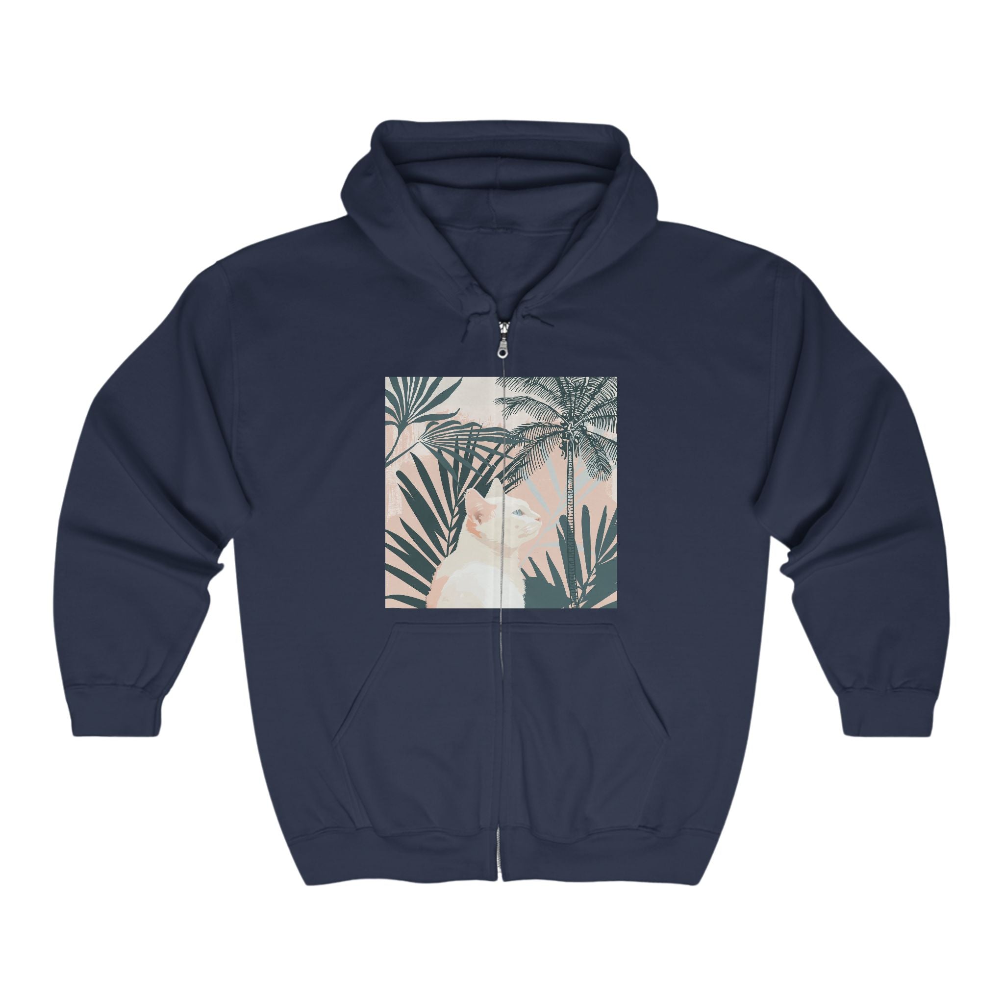 Tropical Cat Hoodie - White Cat & Palm Leaves Hoodie - Blululi