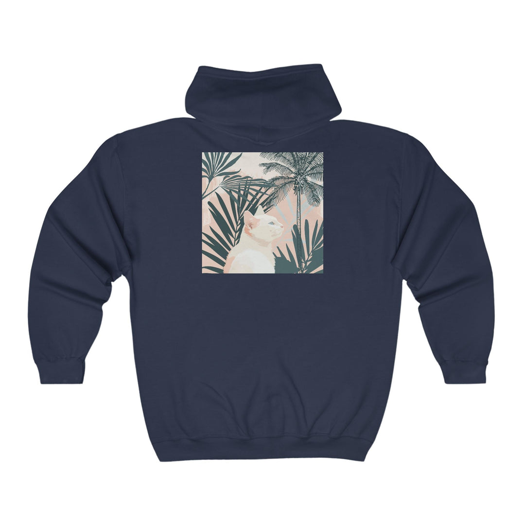 Tropical Cat Hoodie - White Cat & Palm Leaves Hoodie - Blululi