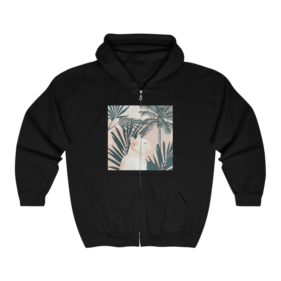 Tropical Cat Hoodie - White Cat & Palm Leaves Hoodie - Blululi