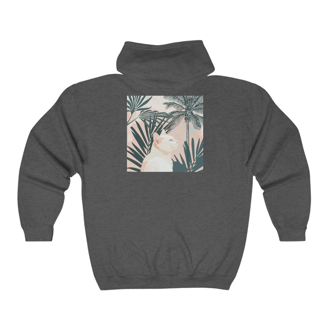 Tropical Cat Hoodie - White Cat & Palm Leaves Hoodie - Blululi