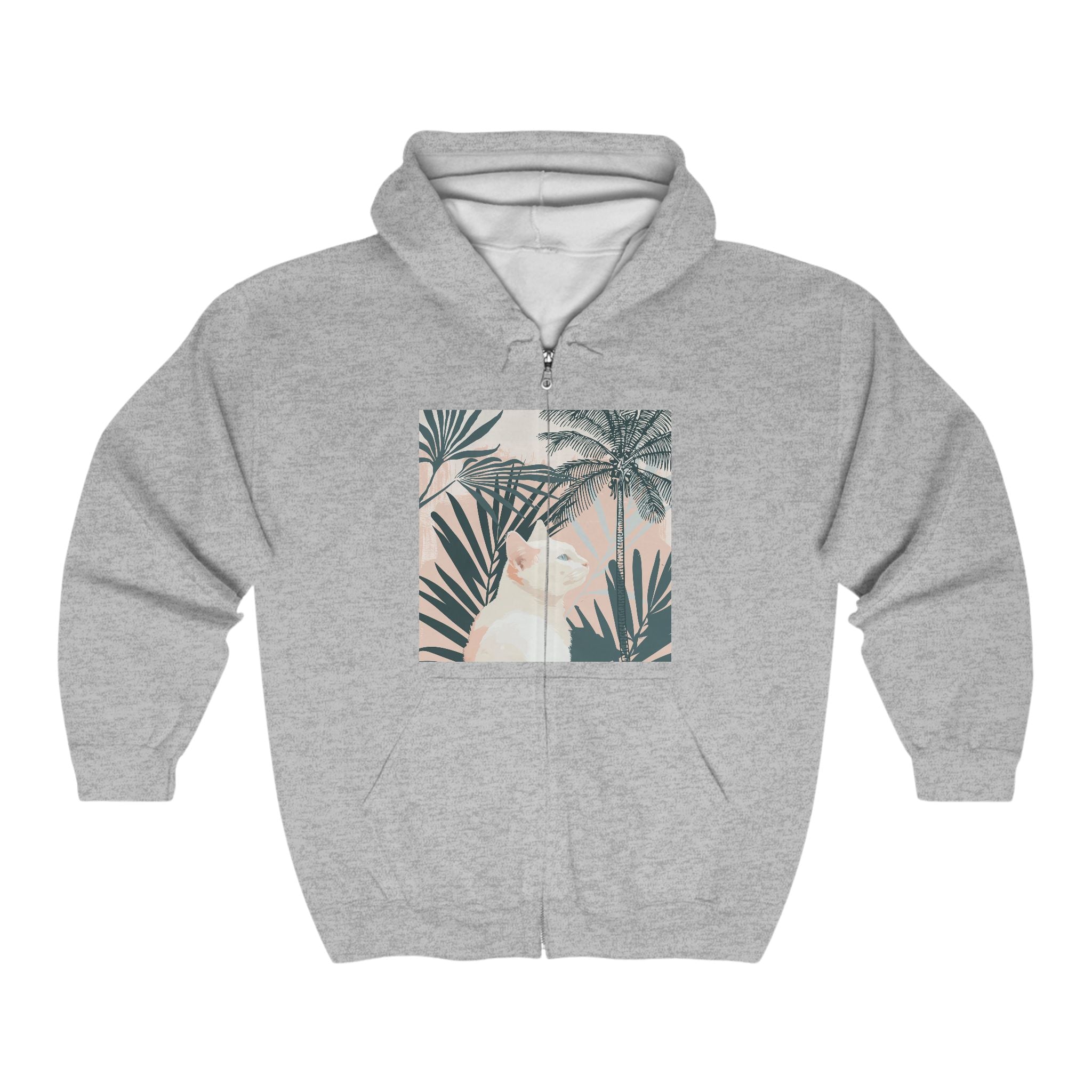 Tropical Cat Hoodie - White Cat & Palm Leaves Hoodie - Blululi