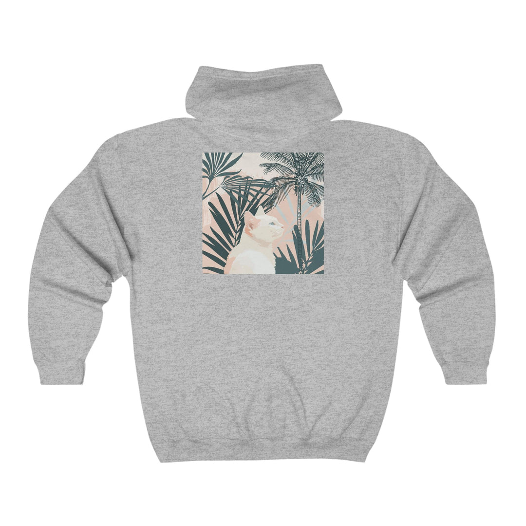 Tropical Cat Hoodie - White Cat & Palm Leaves Hoodie - Blululi