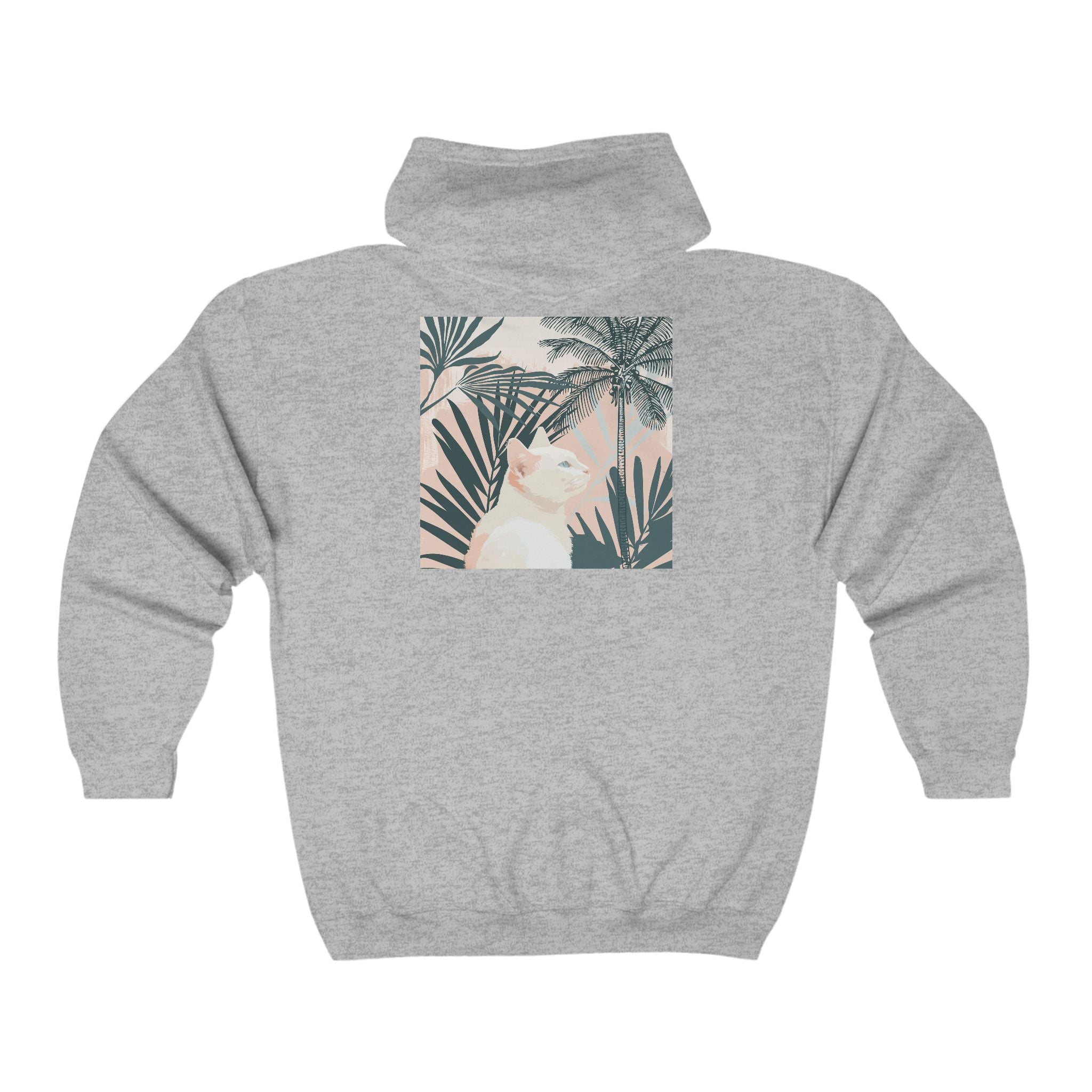 Tropical Cat Hoodie - White Cat & Palm Leaves Hoodie - Blululi