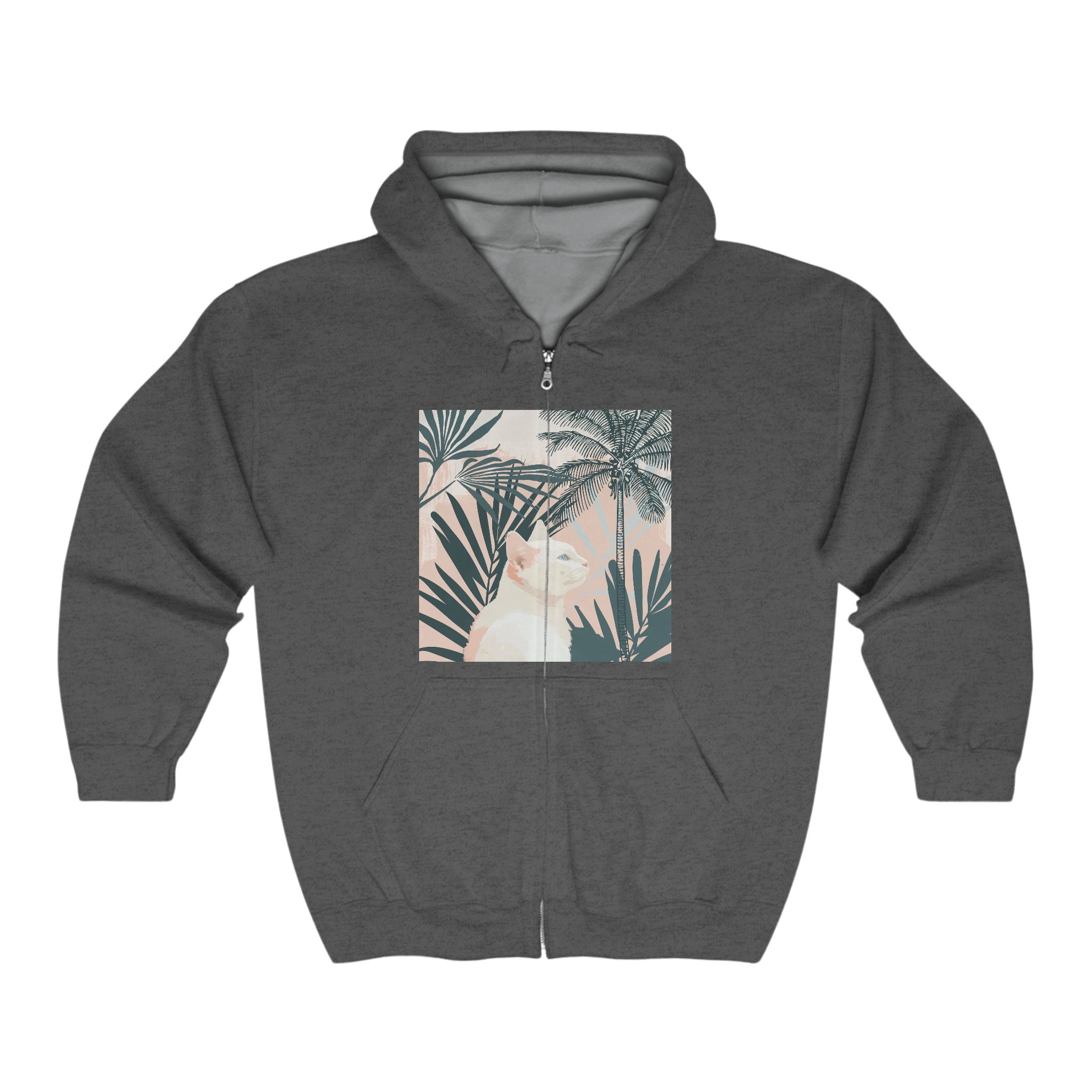 Tropical Cat Hoodie - White Cat & Palm Leaves Hoodie - Blululi