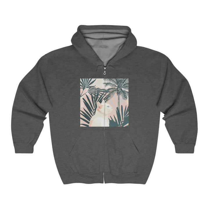 Tropical Cat Hoodie - White Cat & Palm Leaves Hoodie - Blululi