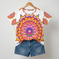 Lifestyle flatlay: front view of a colorful mandala art t-shirt hanging on a wooden hanger with denim shorts beneath, bright and cozy vibe